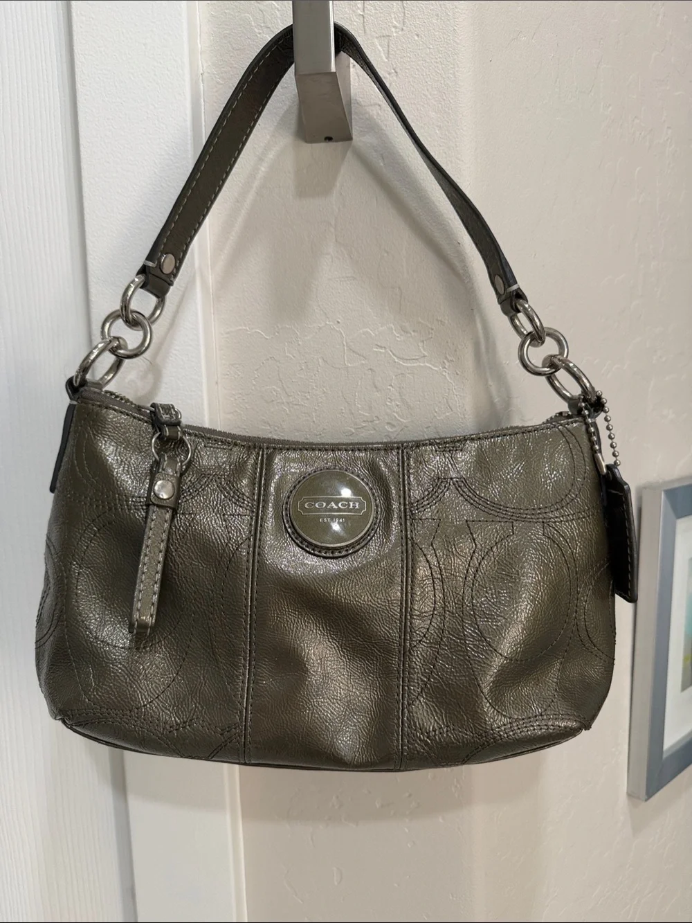 Coach Metallic Olive Shoulder Bag with Logo Medallion